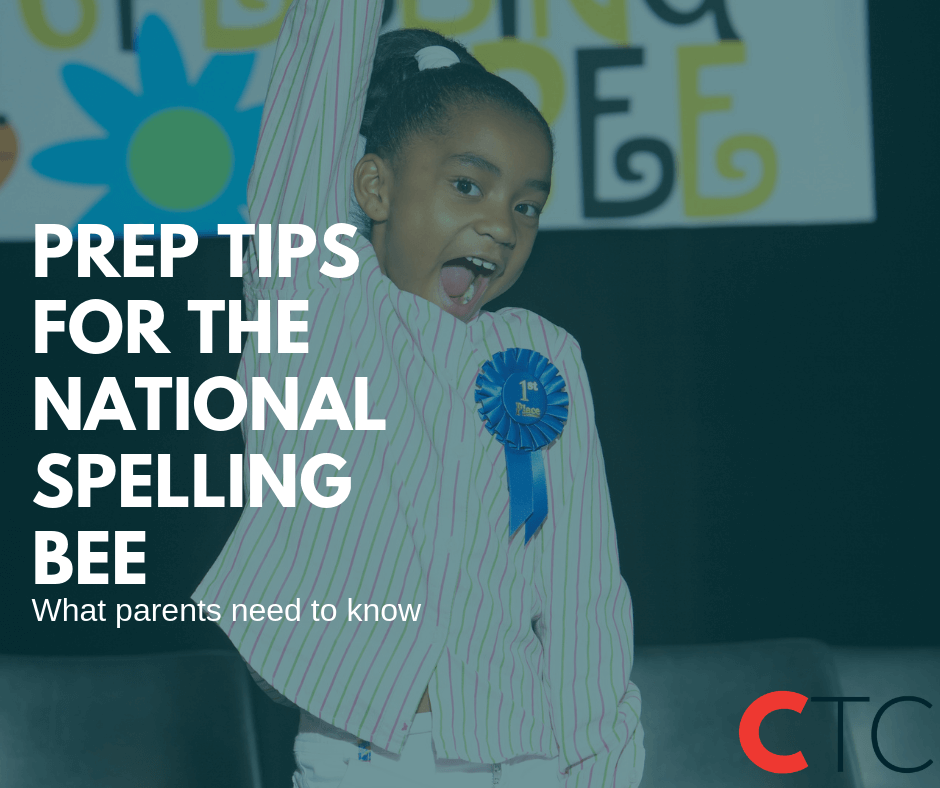 young black girl with blue ribbon award raising right hand standing in front of spelling bee poster.